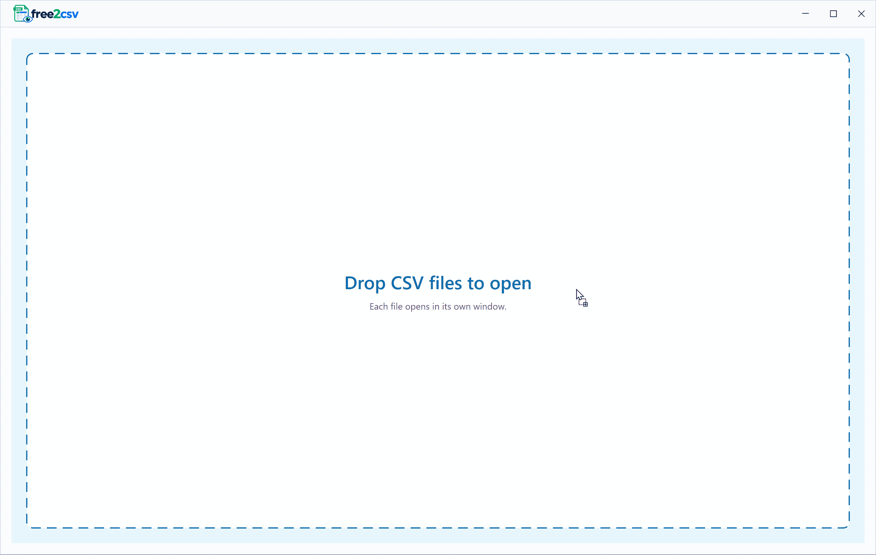 free2csv drag-and-drop area ready to open AI-generated CSV files in separate windows