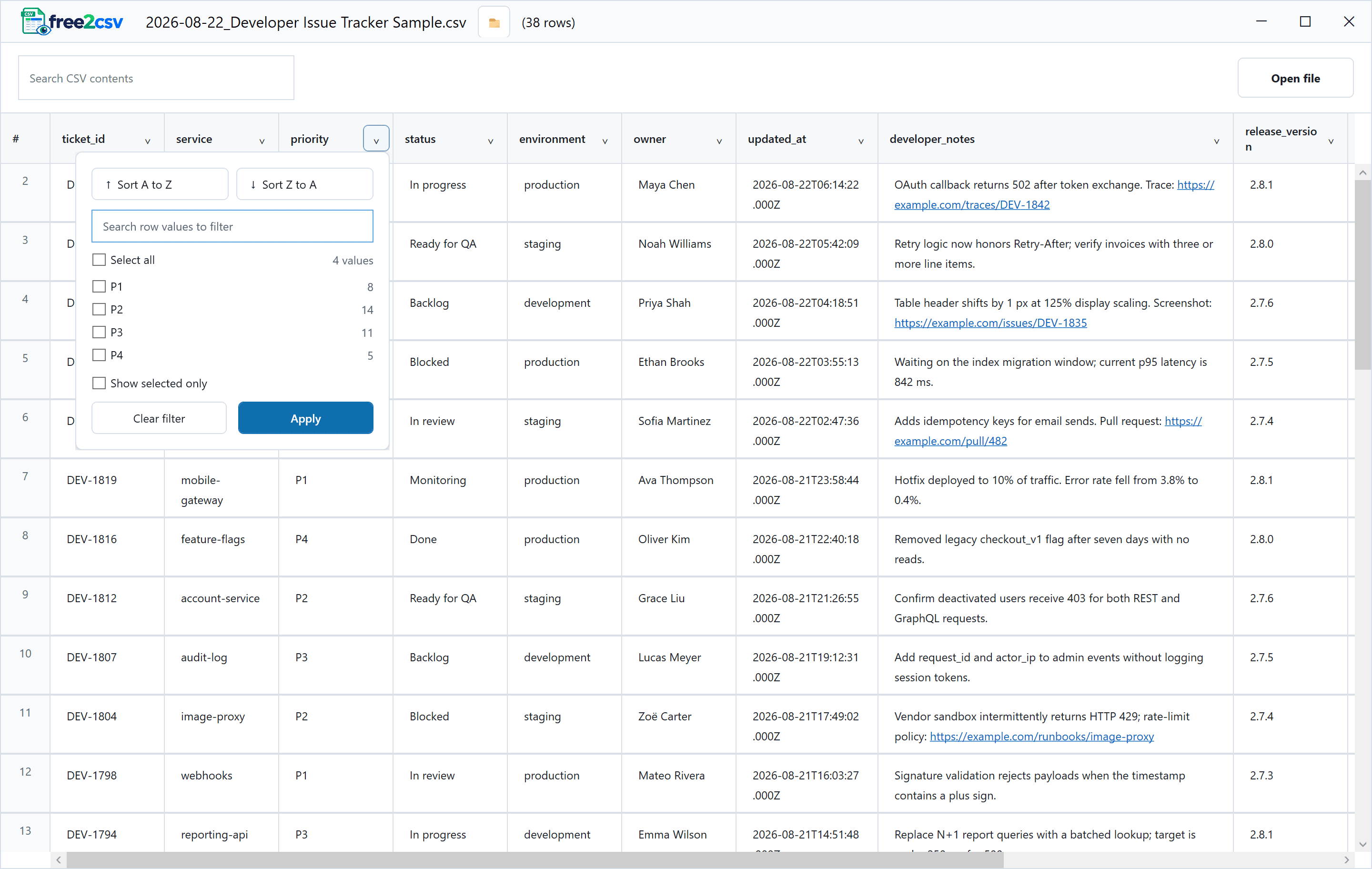 free2csv column filter menu showing distinct priority values, counts, sorting, and apply controls