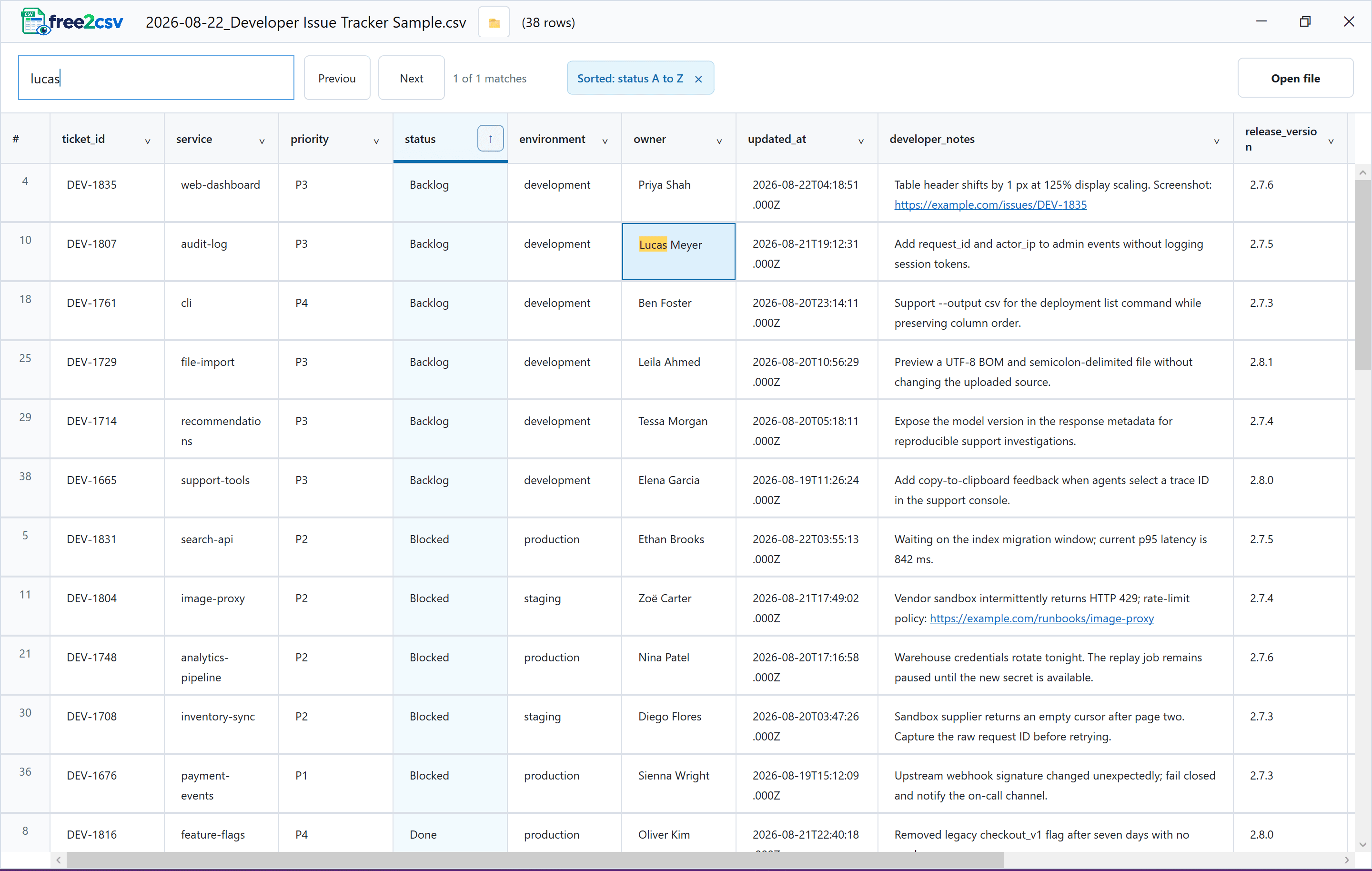 free2csv search and sort controls highlighting a match in an AI-generated CSV
